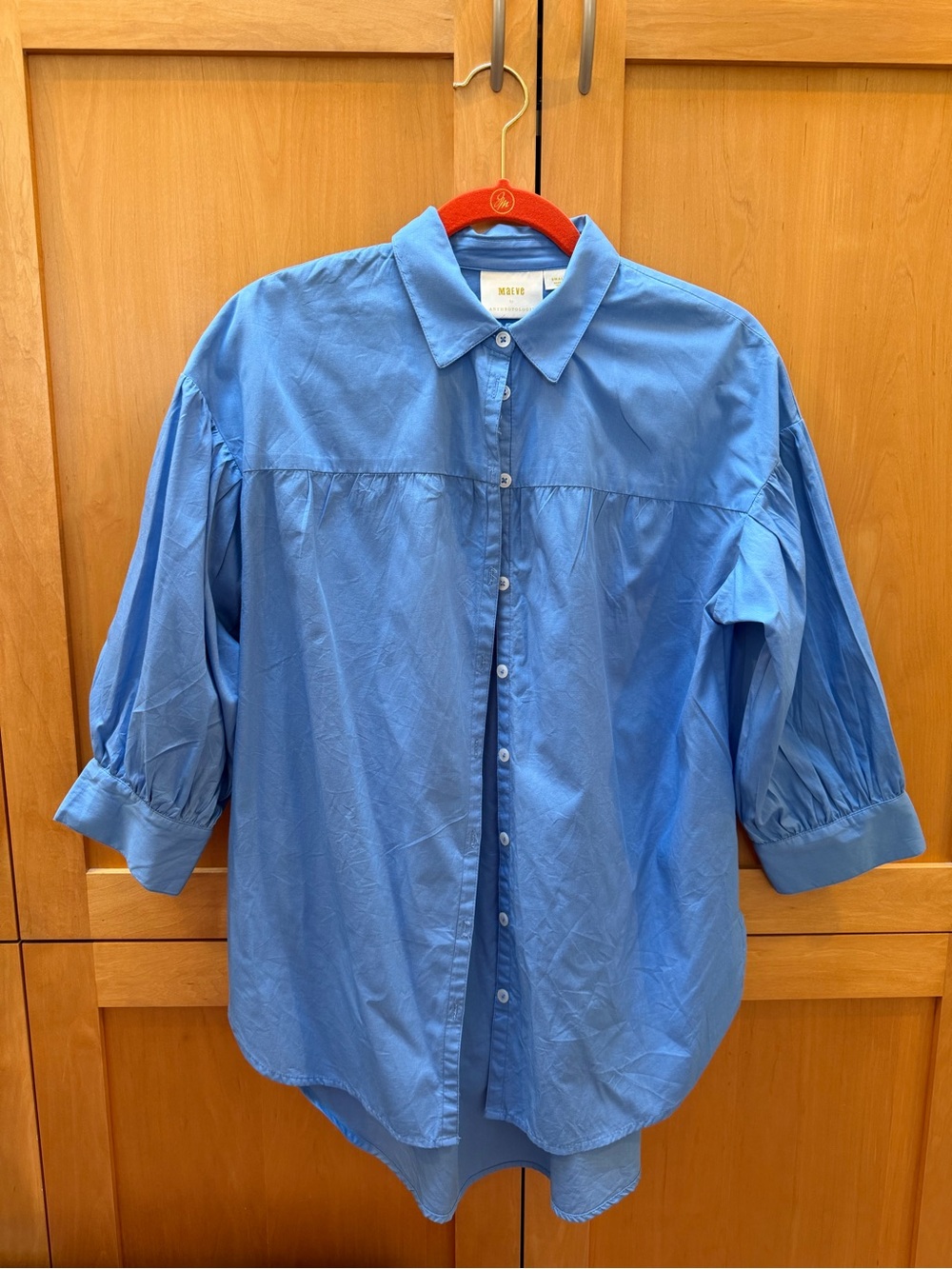 Anthropologie Sky Blue Button-Down Shirt with Three-Quarter Sleeves
